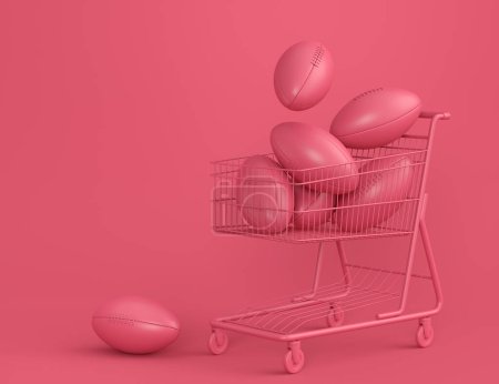 Set of ball like basketball, american football and golf in shopping cart on monochrome background. 3d rendering of sport accessories for team playing games