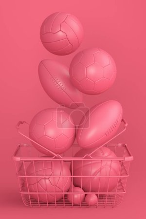 Photo for Set of ball like basketball, american football and golf in shopping basket on monochrome background. 3d rendering of sport accessories for team playing games - Royalty Free Image