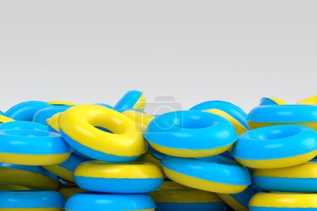 Pile of inflatable ring for swimming pool isolated on white background. 3d render of summer vacation concept and holidays