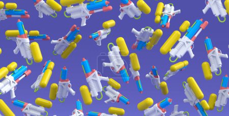 Many of flying plastic water gun toy for playing and watering in the swimming pool isolated on violet background. 3d render family pastime concept and beach activities