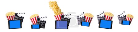 Flying popcorn, film clapper board and phone isolated on white background, concept of watching TV or cinema.