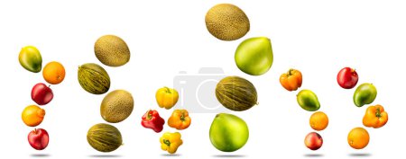 Photo for Group of fruits isolated on white background like mango. melon, apple , bell pepper and orange. - Royalty Free Image