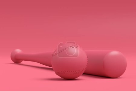 Professioneller Softball oder Baseballschläger und Ball aus Holz isoliert auf monochromen Hintergrund. 3D-Rendering von Sportzubehör für Teamspiele