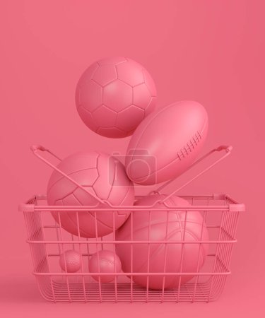 Photo for Set of ball like basketball, american football and golf in shopping basket on monochrome background. 3d rendering of sport accessories for team playing games - Royalty Free Image