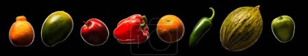 Group of fruits isolated on black background like mango. melon, apple , bell pepper and orange.