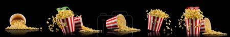 fliegendes Popcorn aus Papiereimer und 3D-Brille isoliert auf schwarzem Hintergrund, Konzept des Fernsehens oder Kinos.