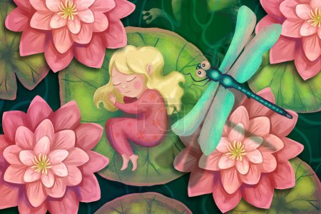 Illustration with Slepping Thumbelina on a water lily leaf 