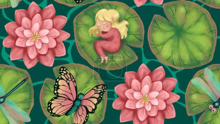 Thumbelina on a water lily leaf - seamless pattern