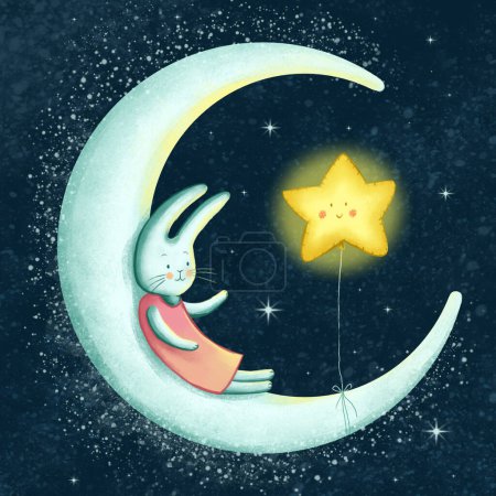 ładny królik na księżycu z gwiazdą balonu