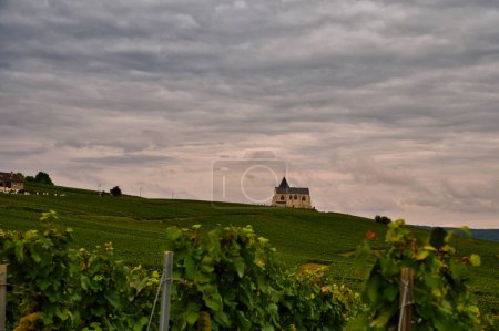 Chavot pequeña iglesia en Courcourt Champagne región en una colina al lado de un viñedo. El cielo está nublado y el sol se pone