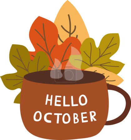 Hola vector de octubre ilustración plana con hojas y taza de té. Ilustración vectorial