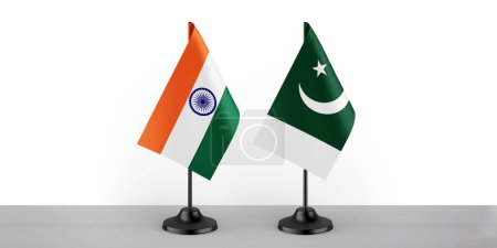 Image of the table flag of India and Pakistan countries. White background, close-up flags.