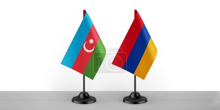  Image of the table flag of Azerbaijan and Armenia countries. White background, close-up flags.