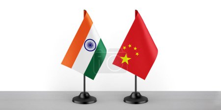 Image of the table flag of India and China countries. White background, close-up flags.