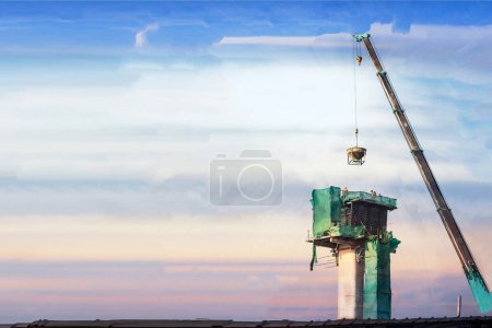 Build a bridge using a crane to lift concrete on a construction site.