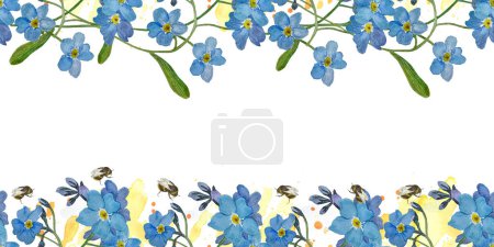 Watercolor blue seamless border with forget-me-not flowers and bumblebee on white background.