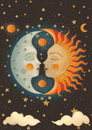 Colorful vector artwork of folklore sun and moon in profile, styled after ancient Slavic drawings. They smile with closed eyes against a dark background adorned with stars and clouds. for A4 posters
