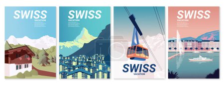 Paisajes suizos: chalets en los Alpes berneses, el Matterhorn en Zermatt, un funicular en las montañas, y el paseo marítimo de Ginebra con una fuente y un barco. Vector para carteles, portadas, postales
