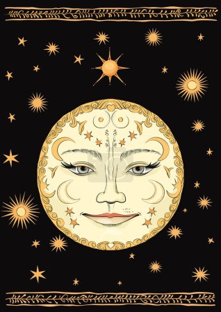 ilustración vectorial con una luna mística estilizada inspirada en motivos eslavos antiguos, rodeada de estrellas sobre un fondo azul oscuro. Perfec para carteles, portadas e impresiones