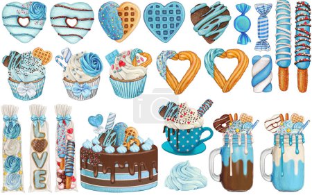Watercolor hand drawn cute sweets and treats collection