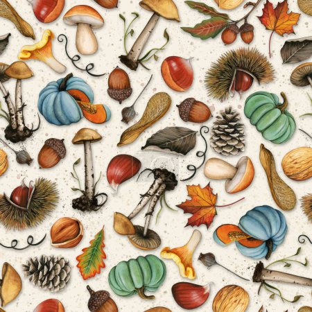 Illustration for Watercolor hand drawn realistic fall elements pattern - Royalty Free Image