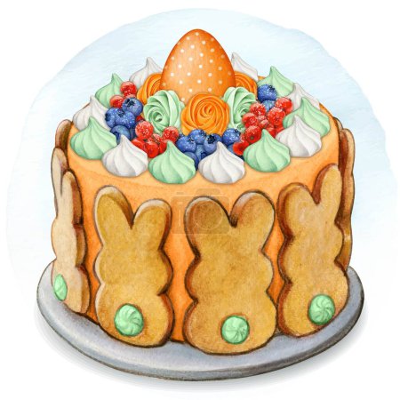 Watercolor hand drawn cute easter festive cake with fruit and bunny cookies