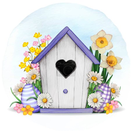 Illustration for Watercolor hand drawn easter birdhouse - Royalty Free Image