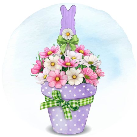Illustration for Watercolor hand drawn easter vase with flowers and bunny shape - Royalty Free Image