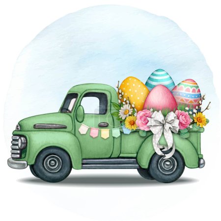 Téléchargez les illustrations : Camion de vitage dessiné à la main aquarelle avec des oeufs de Pâques - en licence libre de droit