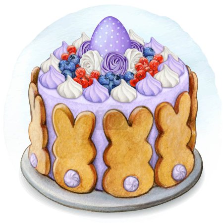 Téléchargez les illustrations : Aquarelle dessinée à la main gâteau de Pâques mignon avec des fruits et des biscuits lapin - en licence libre de droit
