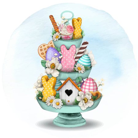 Illustration for Watercolor hand drawn cute easter themed tiered tray - Royalty Free Image