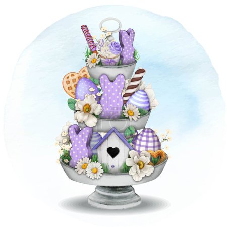 watercolor hand drawn cute easter themed tiered tray