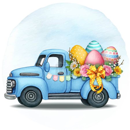 Illustration for Watercolor hand drawn vitage truck with easter eggs - Royalty Free Image