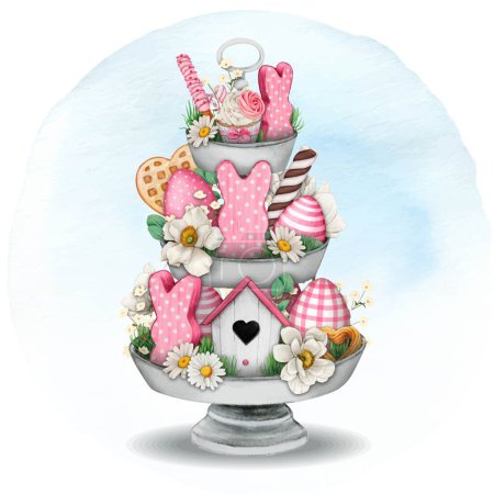 watercolor hand drawn cute easter themed tiered tray