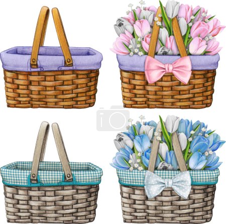 Illustration for Watercolor basket with floral bouquet - Royalty Free Image