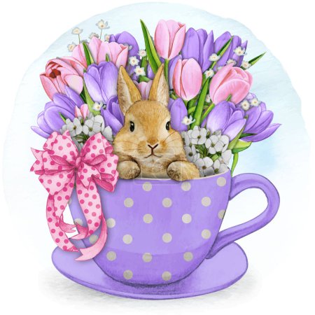 Téléchargez les illustrations : Aquarelle dessinée à la main lapin mignon dans une tasse de thé - en licence libre de droit