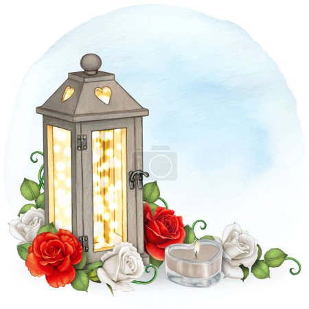 Ilustración de Acuarela rincón romántico con rosas y linternas - Imagen libre de derechos