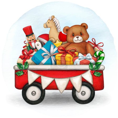 Téléchargez les illustrations : Chariot aquarelle rouge plein de jouets - en licence libre de droit