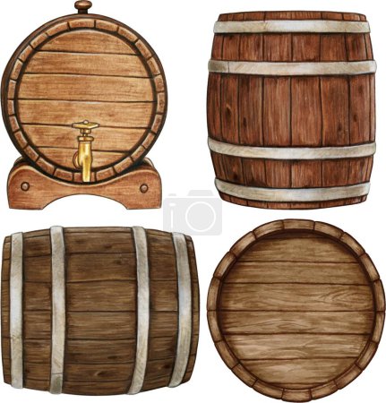 Ilustración de Colección de barriles de madera tradicionales - Imagen libre de derechos