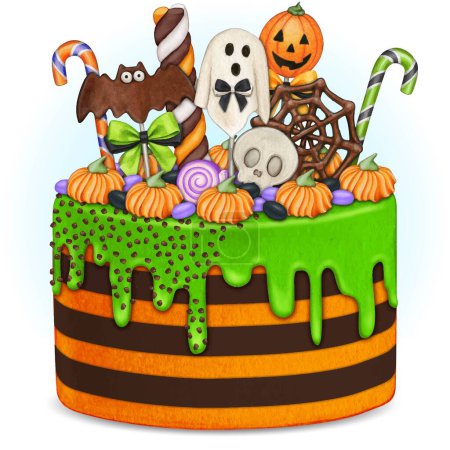 Téléchargez les illustrations : Gâteau d'Halloween aquarelle avec des bonbons, biscuits et chocolat - en licence libre de droit