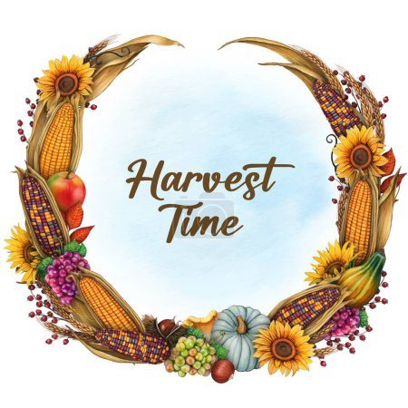 Illustration for Watercolor harvest time corn cobs and fall fruits wreath - Royalty Free Image