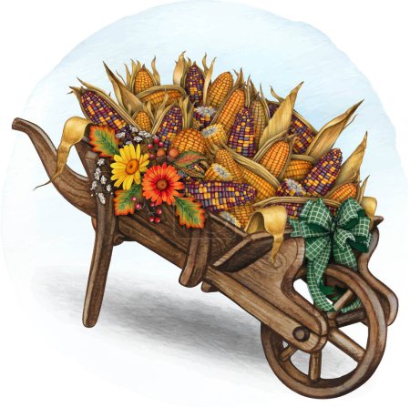 Watercolor hand drawn corn cobs wheelbarrow