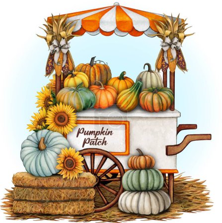 Illustration for Watercolor pumpkin patch fall themed market cart - Royalty Free Image