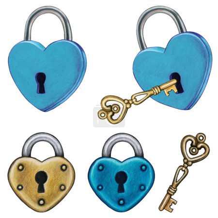 Ilustración de Acuarela dibujado a mano corazón en forma de cerraduras y llaves - Imagen libre de derechos