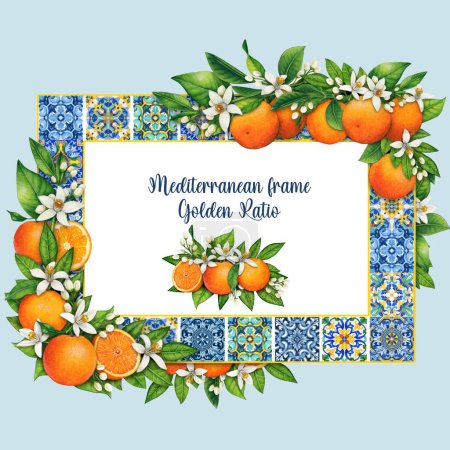 Illustration for Watercolor hand drawn mediterranean frame with tiles and oranges - Royalty Free Image