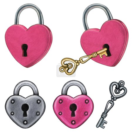 Ilustración de Acuarela dibujado a mano corazón en forma de cerraduras y llaves - Imagen libre de derechos