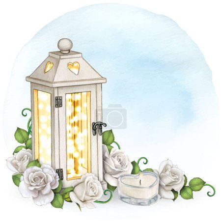 Téléchargez les illustrations : Coin romantique aquarelle avec des roses et des lanternes - en licence libre de droit