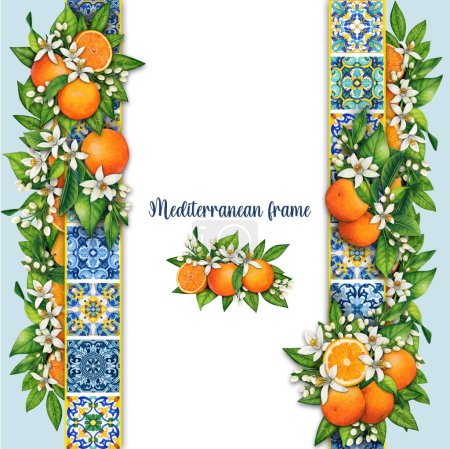 Illustration for Watercolor hand drawn mediterranean frame with tiles and oranges - Royalty Free Image