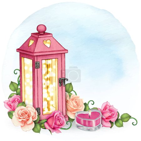 Téléchargez les illustrations : Coin romantique aquarelle avec des roses et des lanternes - en licence libre de droit