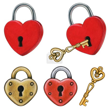 Illustration for Watercolor hand drawn heart shaped locks and keys - Royalty Free Image